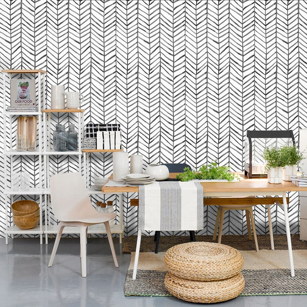 Black White Herringbone Stripes Peel and Stick Wallpaper