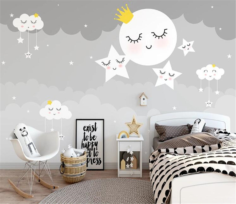 Grey Clouds With Moon And Stars Wallpaper Mural