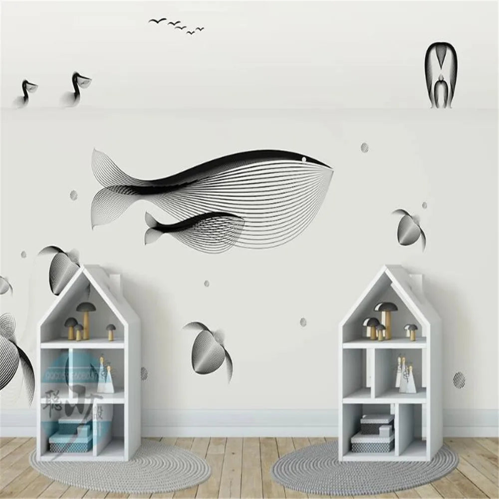 Black And White Minimalist Whales and Turtles Wallpaper Mural