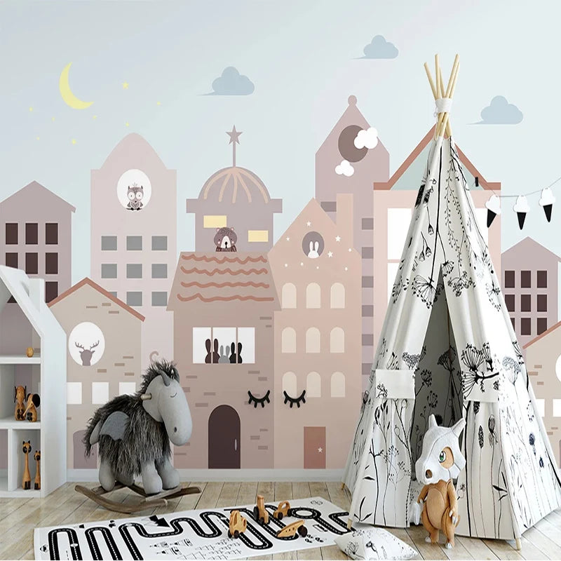 Townhouse Facades with Hidden Animals Muted Tones Wall Mural Wallpaper