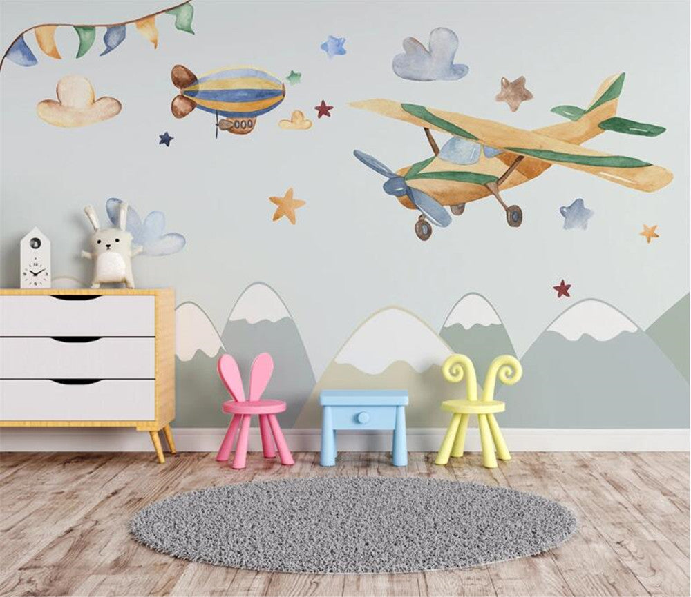 Hand-painted Airplane And Mountains Wallpaper Mural