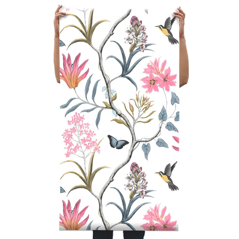 Pink Floral Birds And Butterflies Peel and Stick Wallpaper