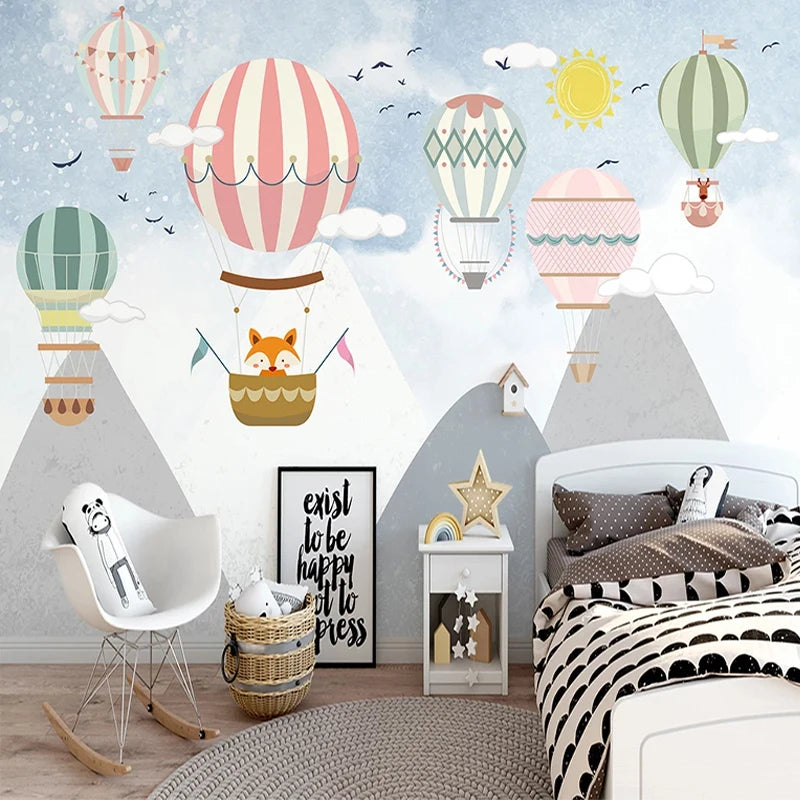Striped Hot Air Balloons Over Mountain Peaks with Fox Pilot Wall Mural Wallpaper