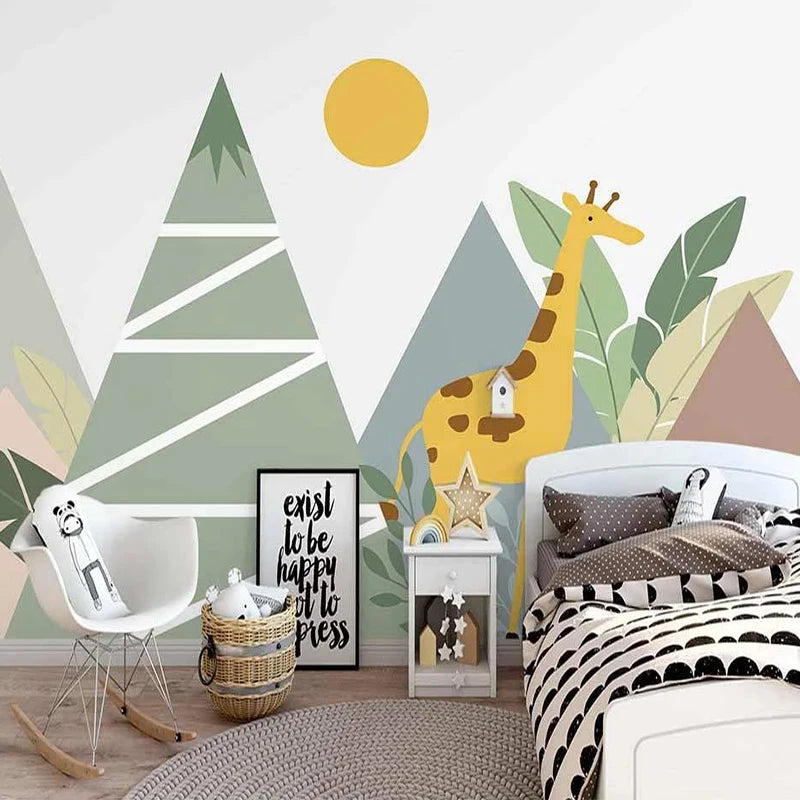 Cartoon Geometric Mountain Peak Giraffe Children's Wallpaper Mural