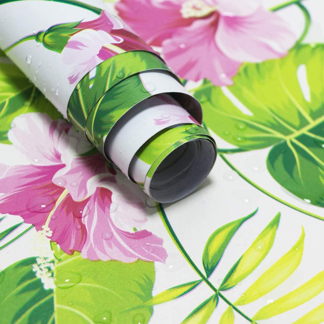 Pink Flowers And Leaves Self-Adhesive Wallpaper