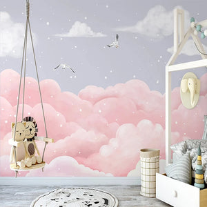 Pink Clouds Seagulls Nursery Wall Mural Wallpaper