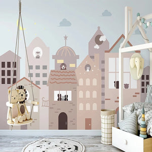 Townhouse Facades with Hidden Animals Muted Tones Wall Mural Wallpaper