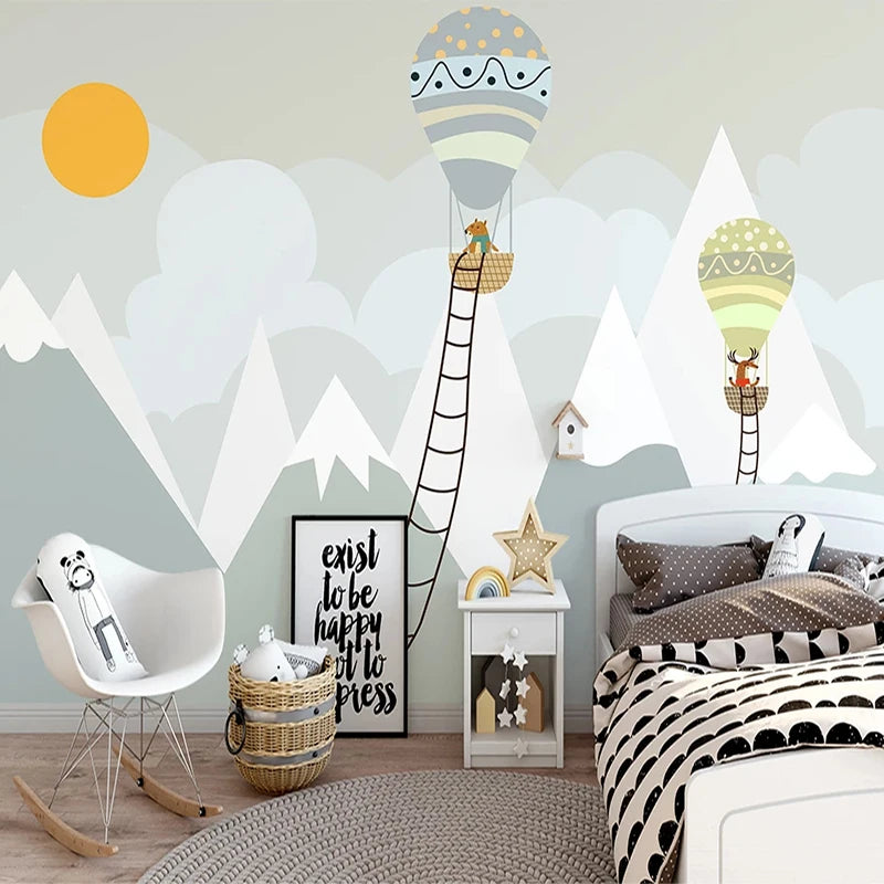 Cartoon Mountain Hot Air Ballon Ladder Wall Mural Wallpaper