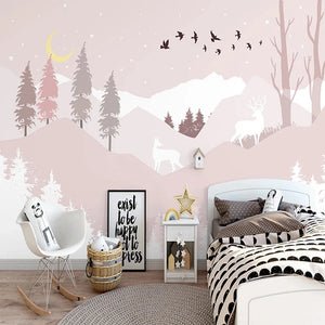 Pastel Color Woodland Scene Pink Wall Mural Wallpaper