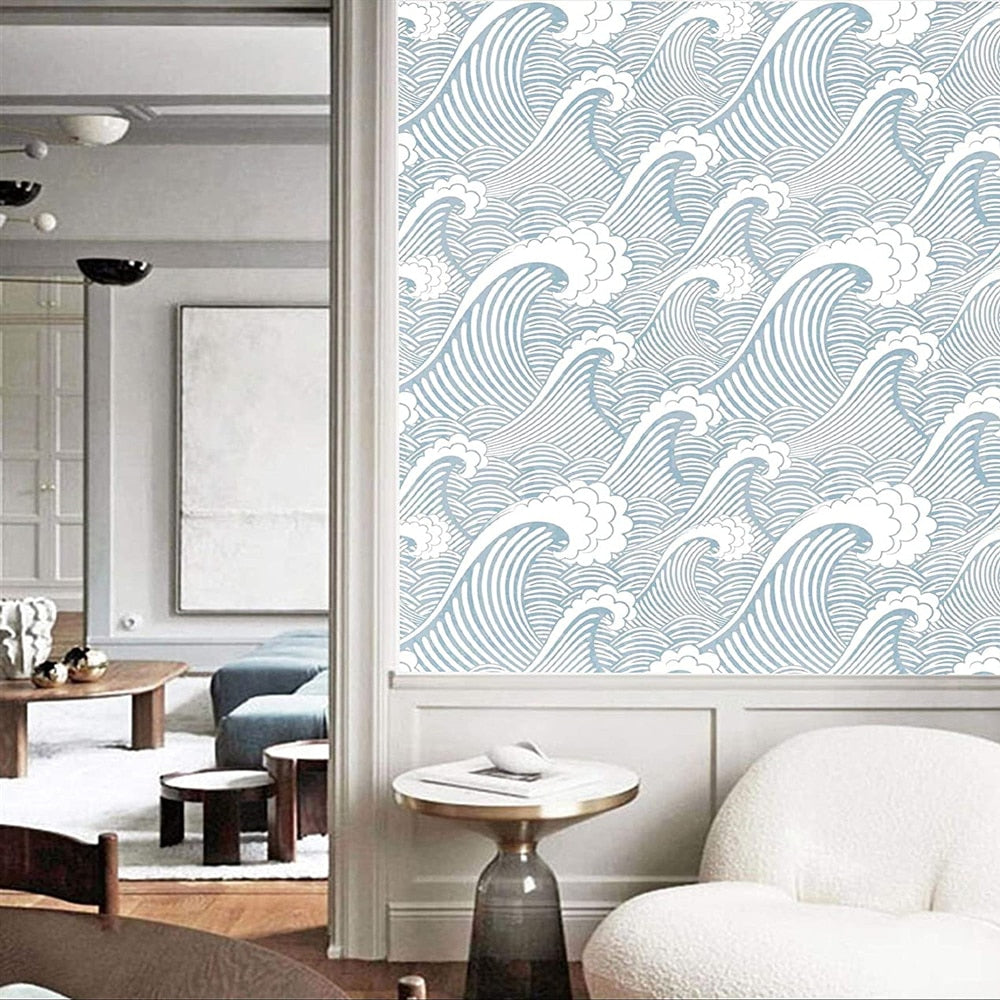 Painted Blue/White Waves Peel And Stick Wallpaper
