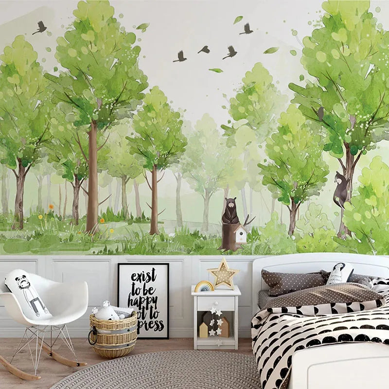 Woodland Scene with Bear and Birds Wall Mural Wallpaper