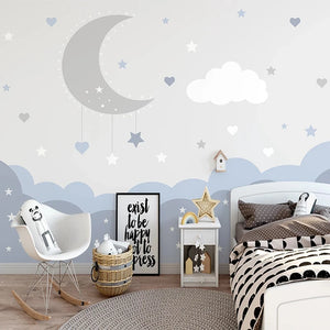 Crescent Moon with Hanging Stars and Cloudscape Nursery Wall Mural Wallpaper