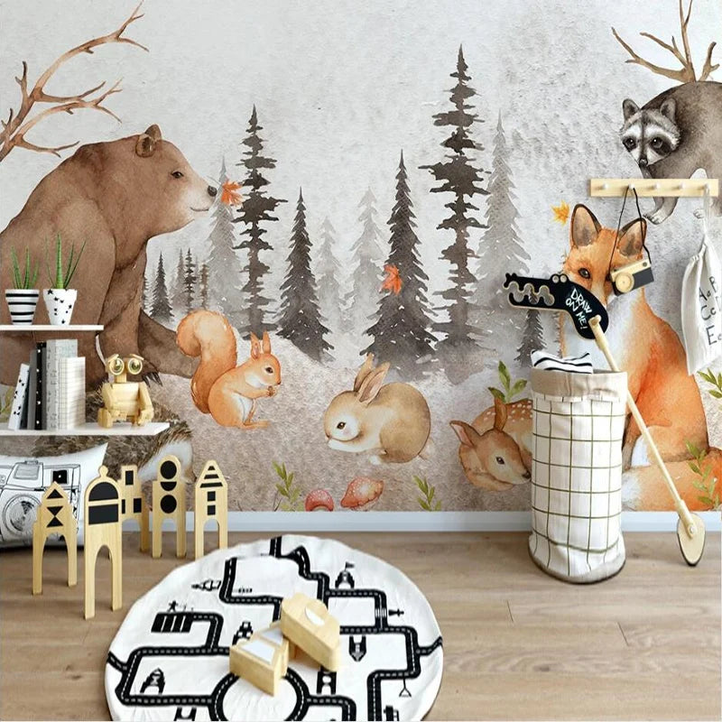 Bear Fox and Squirrel Among Gray Pine Forest Wall Mural Wallpaper