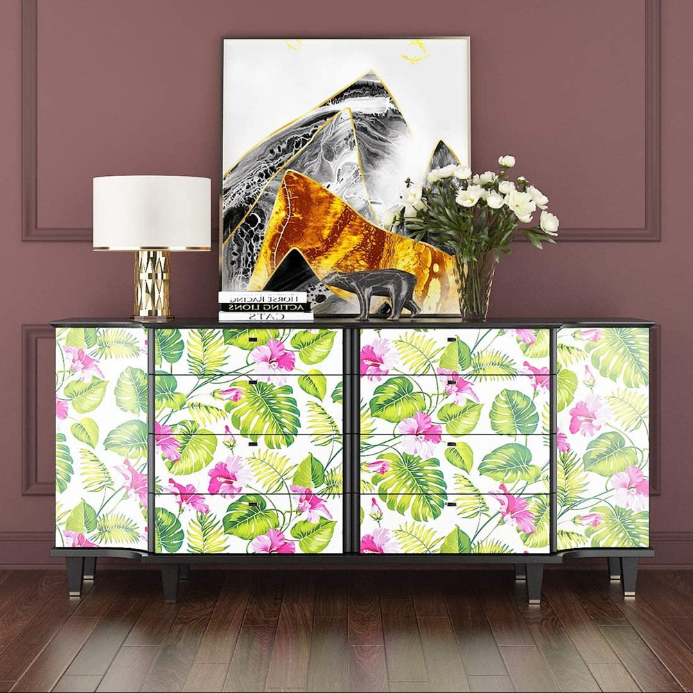 Pink Flowers And Leaves Self-Adhesive Wallpaper