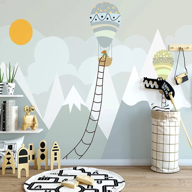 Cartoon Mountain Hot Air Ballon Ladder Wall Mural Wallpaper