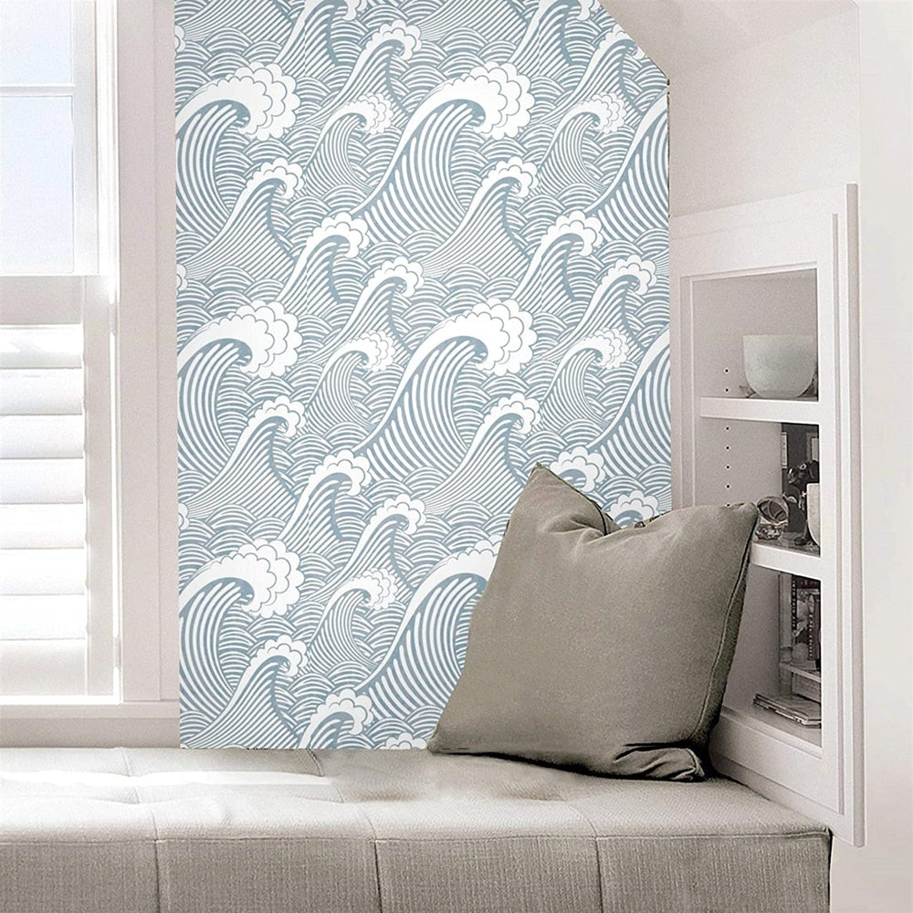 Painted Blue/White Waves Peel And Stick Wallpaper