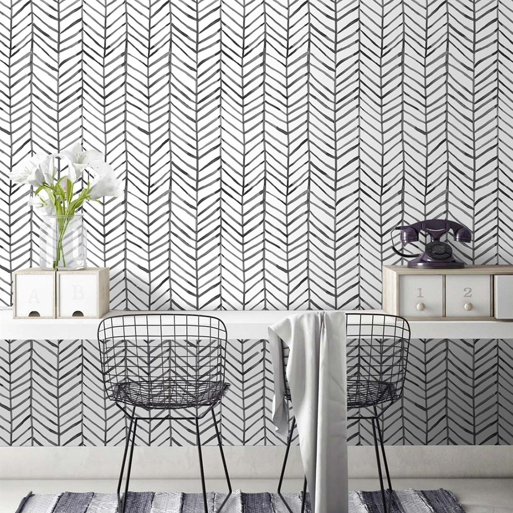 Black White Herringbone Stripes Peel and Stick Wallpaper