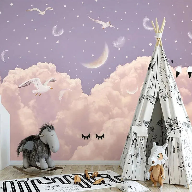 Celestial Clouds and Birds Nursery Wall Mural Wallpaper