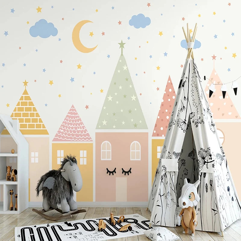 Whimsical Pastel Village Nursery Wall Mural Wallpaper