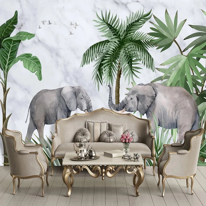 Tropical Elephants Marble Wall Mural Wallpaper