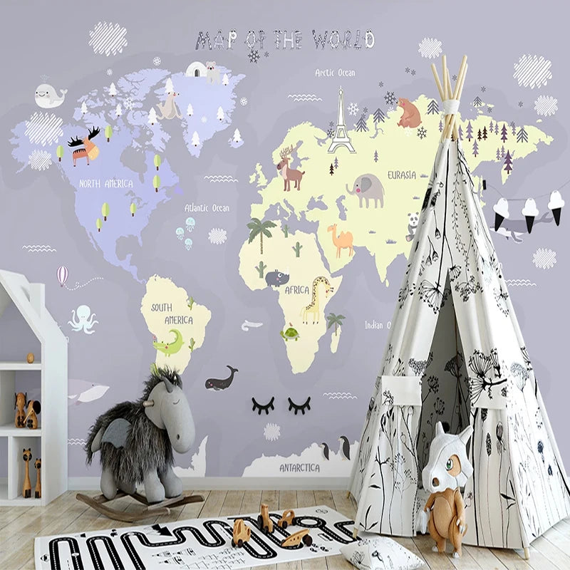 Illustrated Continents With Animals Nursery Wall Mural Wallpaper