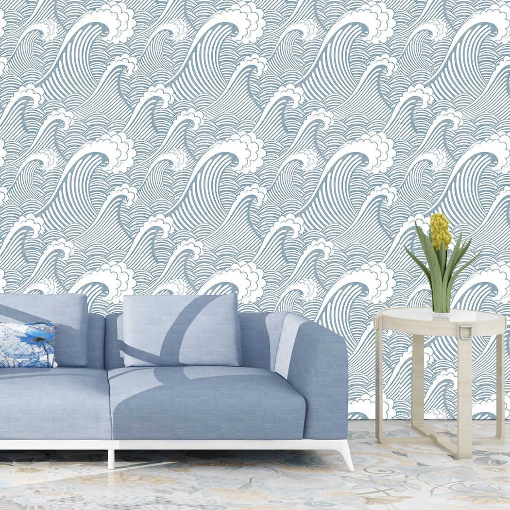 Painted Blue/White Waves Peel And Stick Wallpaper