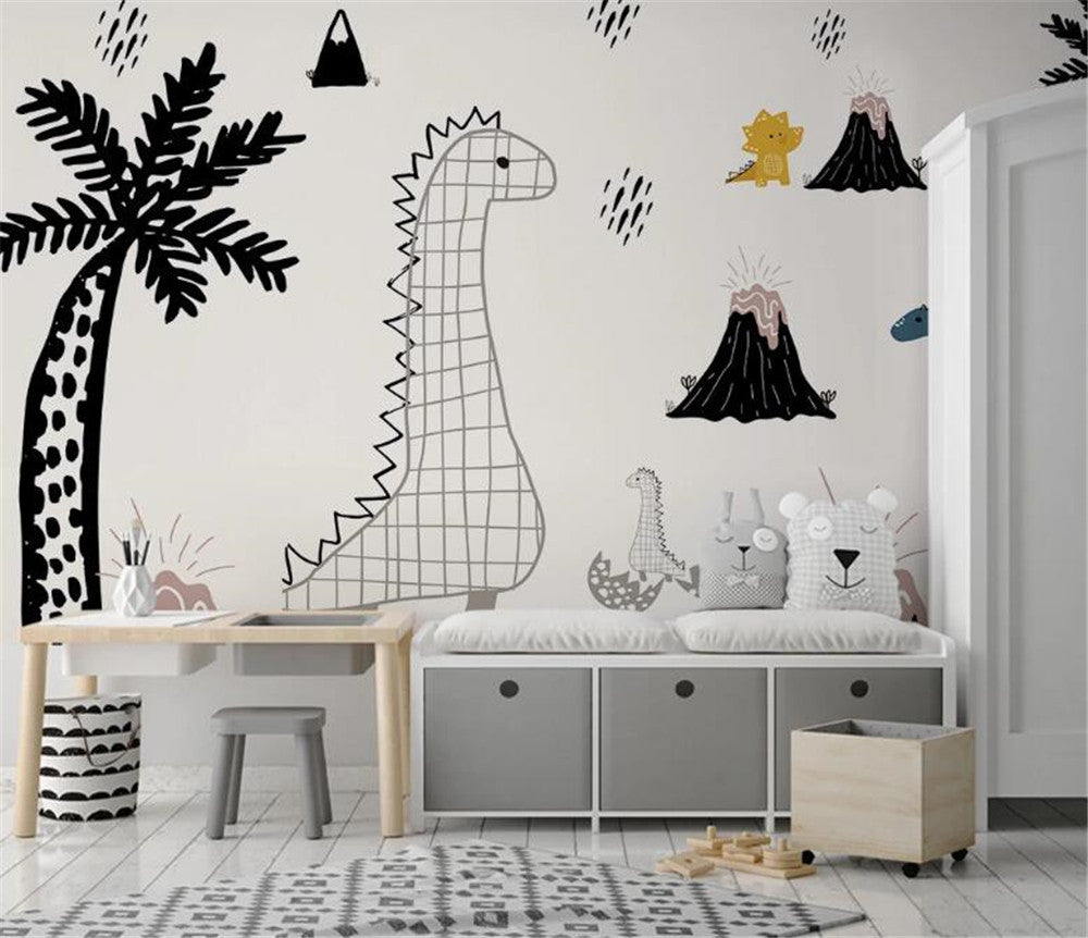 Minimalist Black And White Dinosaur Park Wallpaper Mural