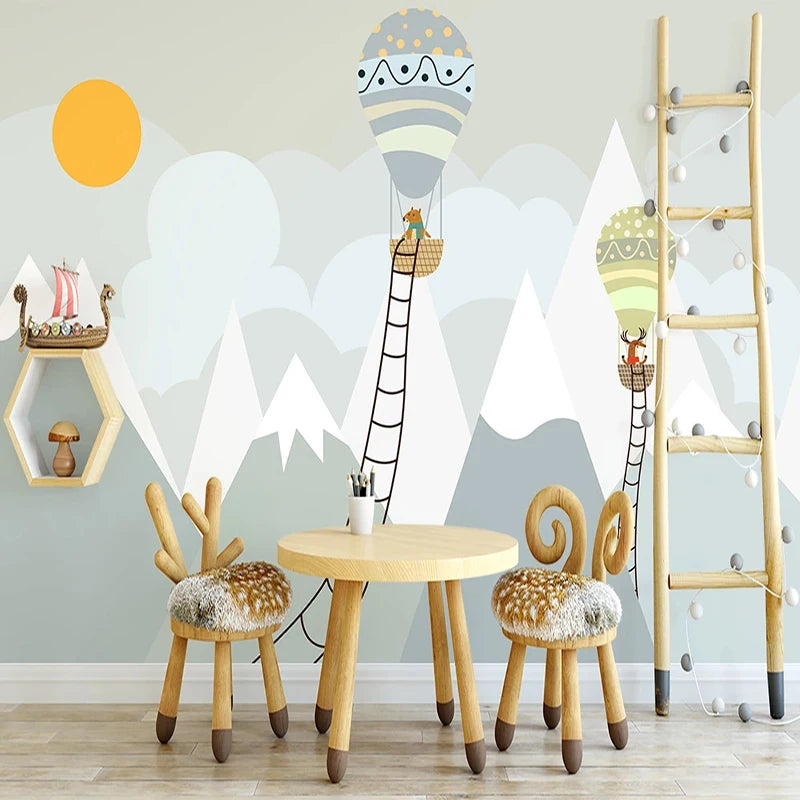 Cartoon Mountain Hot Air Ballon Ladder Wall Mural Wallpaper
