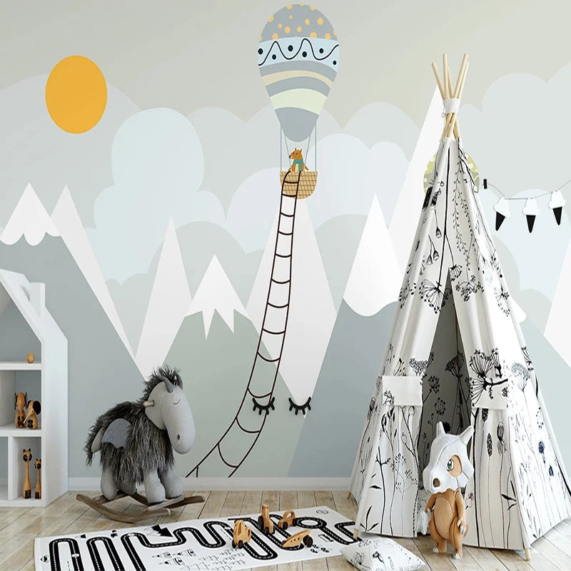 Cartoon Mountain Hot Air Ballon Ladder Wall Mural Wallpaper