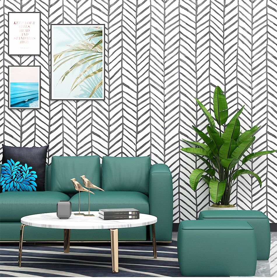 Black White Herringbone Stripes Peel and Stick Wallpaper