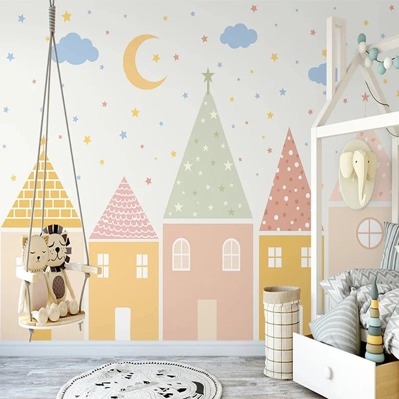 Whimsical Pastel Village Nursery Wall Mural Wallpaper