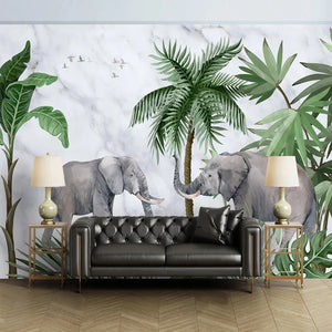 Tropical Elephants Marble Wall Mural Wallpaper