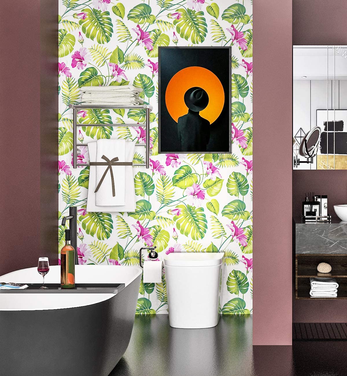 Pink Flowers And Leaves Self-Adhesive Wallpaper