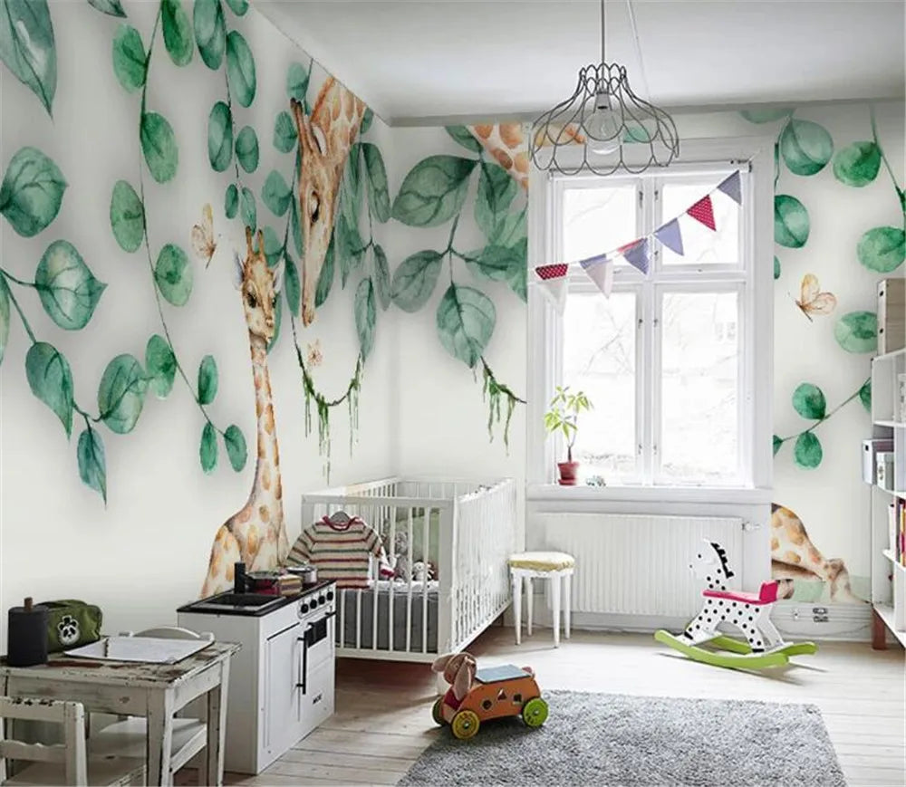 Giraffe Family And Leaves Wallpaper Mural