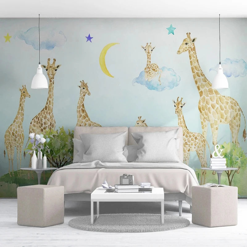 Watercolor Giraffe Herd with Moon and Clouds Nursery Wall Mural Wallpaper