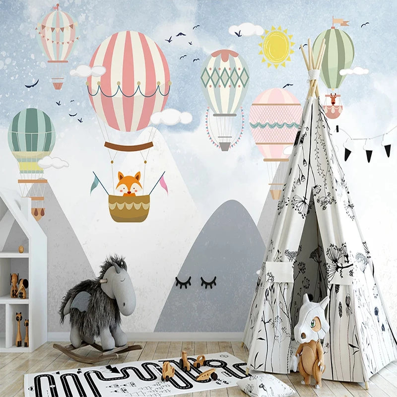 Striped Hot Air Balloons Over Mountain Peaks with Fox Pilot Wall Mural Wallpaper