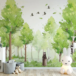 Woodland Scene with Bear and Birds Wall Mural Wallpaper