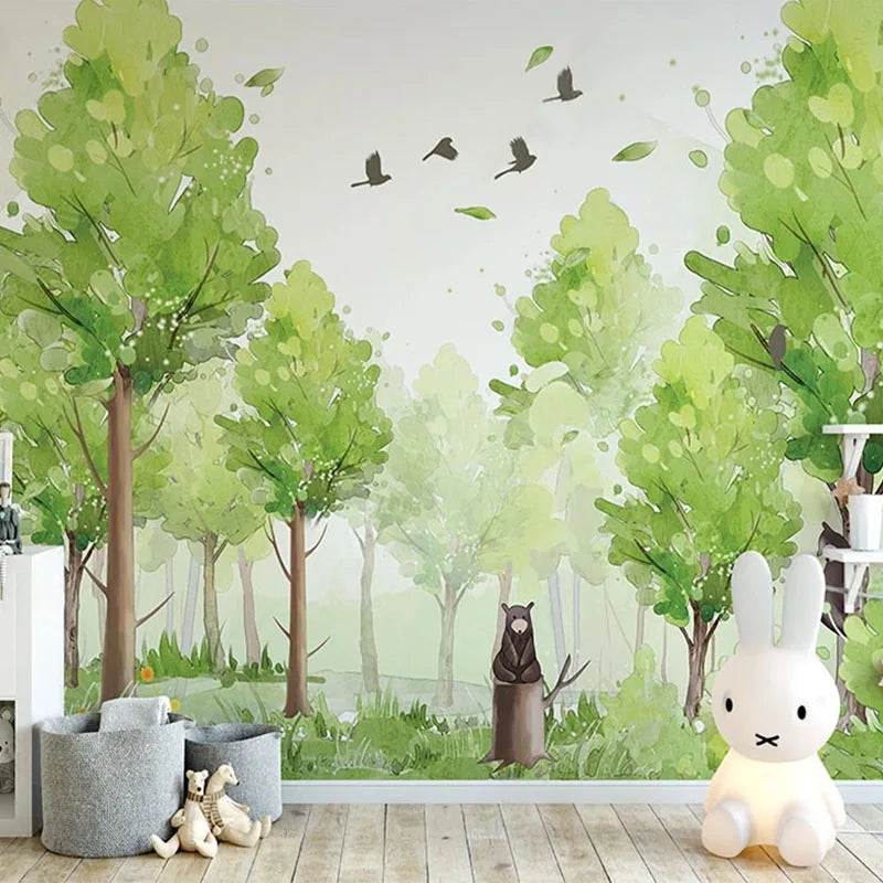 Woodland Scene with Bear and Birds Wall Mural Wallpaper