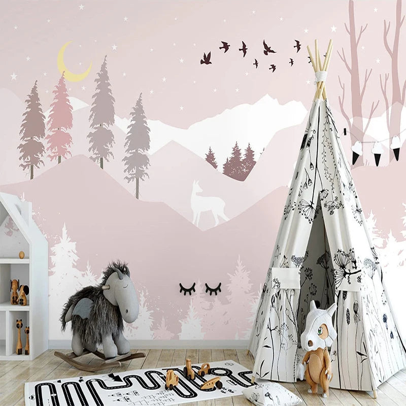 Pastel Color Woodland Scene Pink Wall Mural Wallpaper