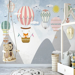 Striped Hot Air Balloons Over Mountain Peaks with Fox Pilot Wall Mural Wallpaper