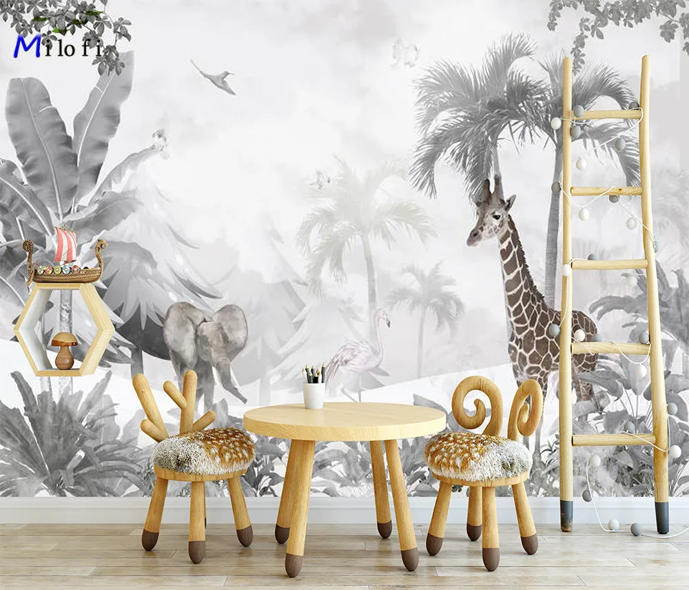 Black And White Tropical Rainforest Animals Wallpaper Mural