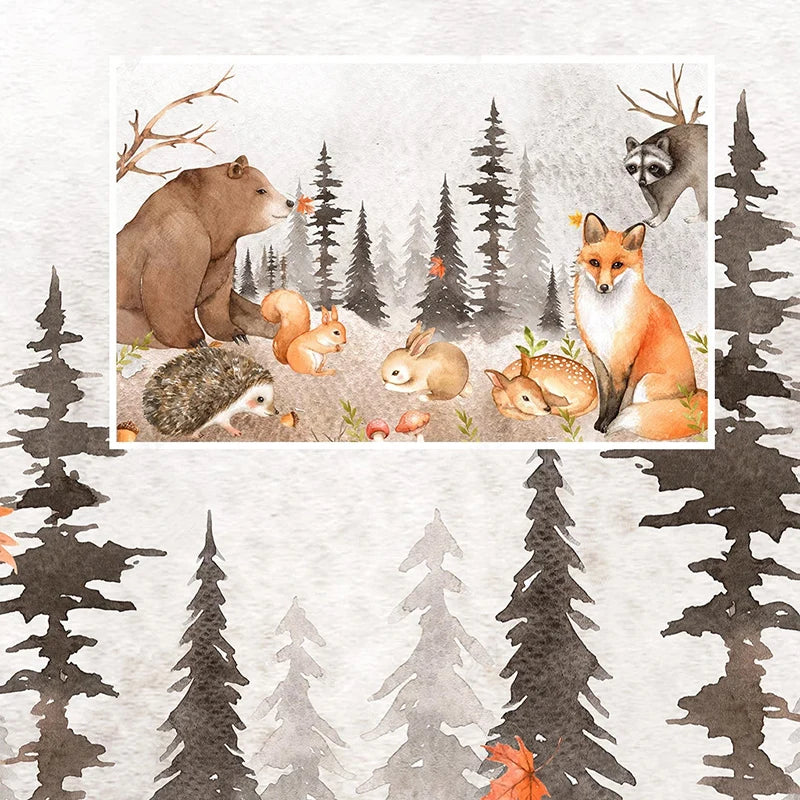 Bear Fox and Squirrel Among Gray Pine Forest Wall Mural Wallpaper