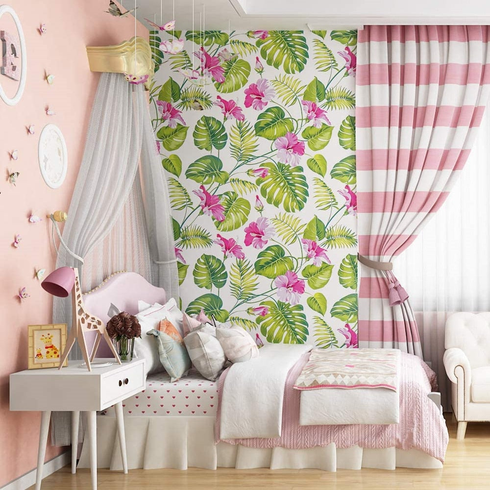 Pink Flowers And Leaves Self-Adhesive Wallpaper