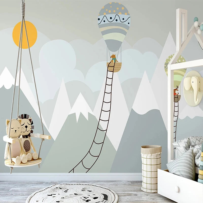 Cartoon Mountain Hot Air Ballon Ladder Wall Mural Wallpaper