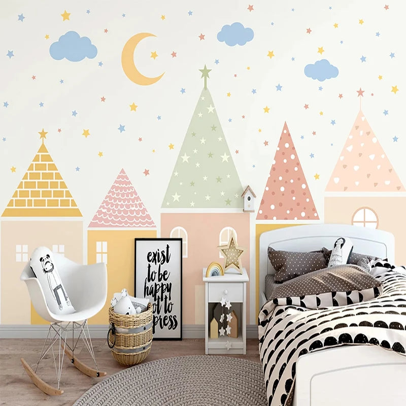 Whimsical Pastel Village Nursery Wall Mural Wallpaper
