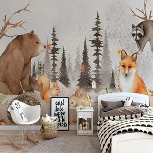 Bear Fox and Squirrel Among Gray Pine Forest Wall Mural Wallpaper