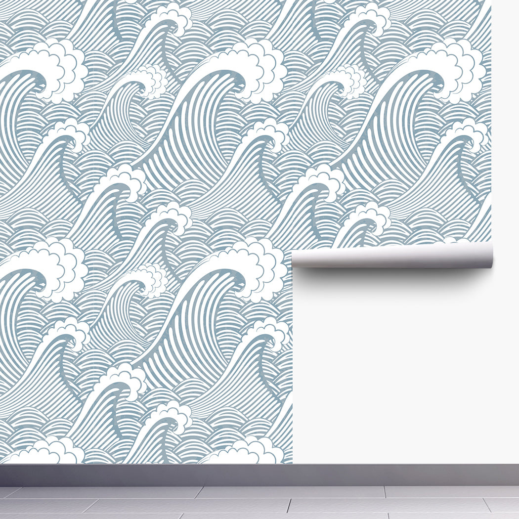 Painted Blue/White Waves Peel And Stick Wallpaper