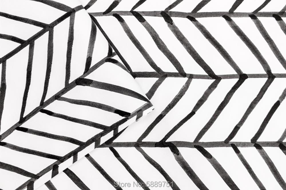 Black White Herringbone Stripes Peel and Stick Wallpaper