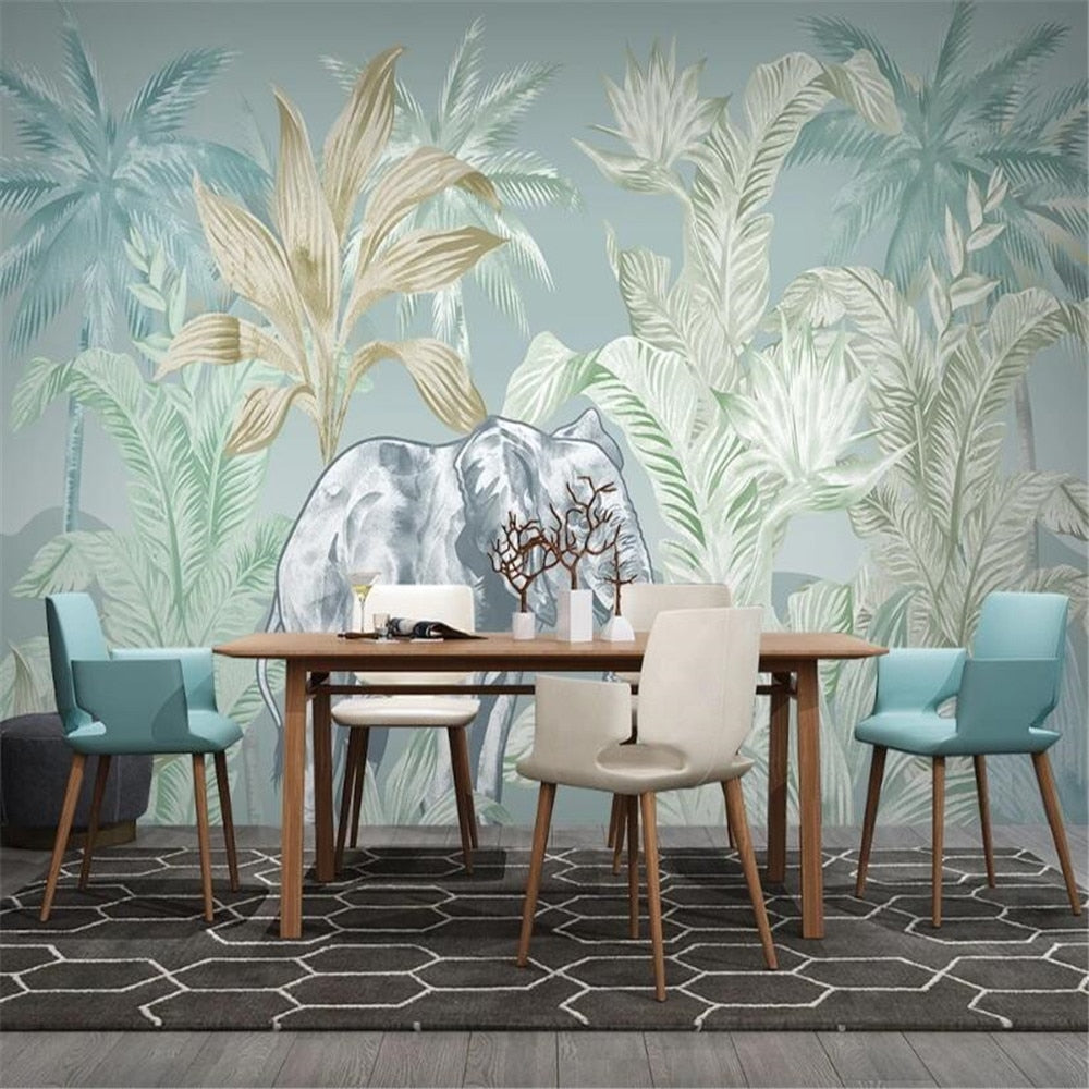 Tropical Plants And Elephant Wallpaper Mural