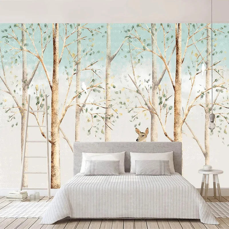 Woodland Fawns Tree Trunks Wall Mural Wallpaper